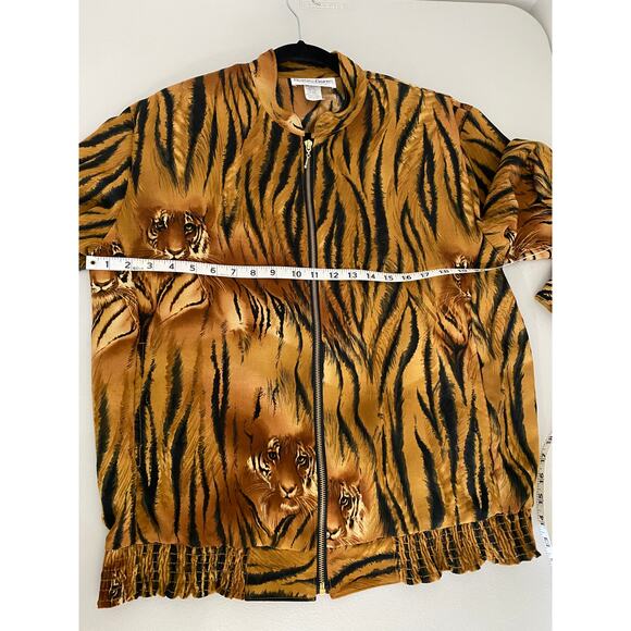 Vintage Women's Orange Satin Striped Tiger Print Elastic Waist Zip-up Jacket 12 - Picture 5 of 6